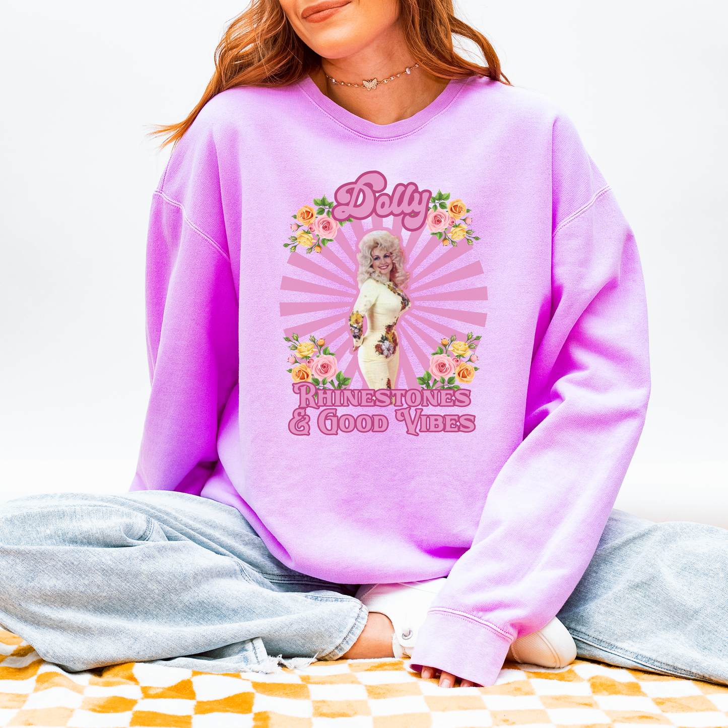 Dolly Rhinestones & Good Vibes Cozy Sweatshirt