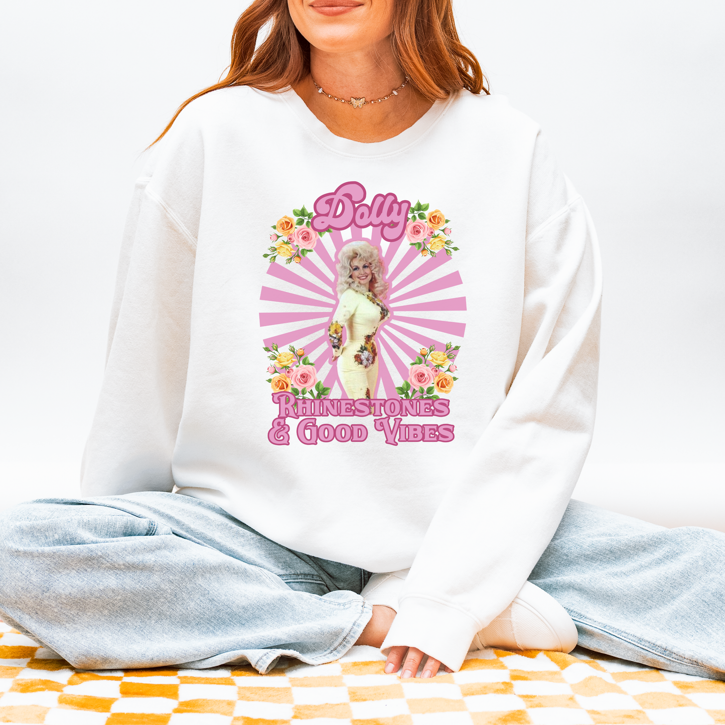 Dolly Rhinestones & Good Vibes Cozy Sweatshirt