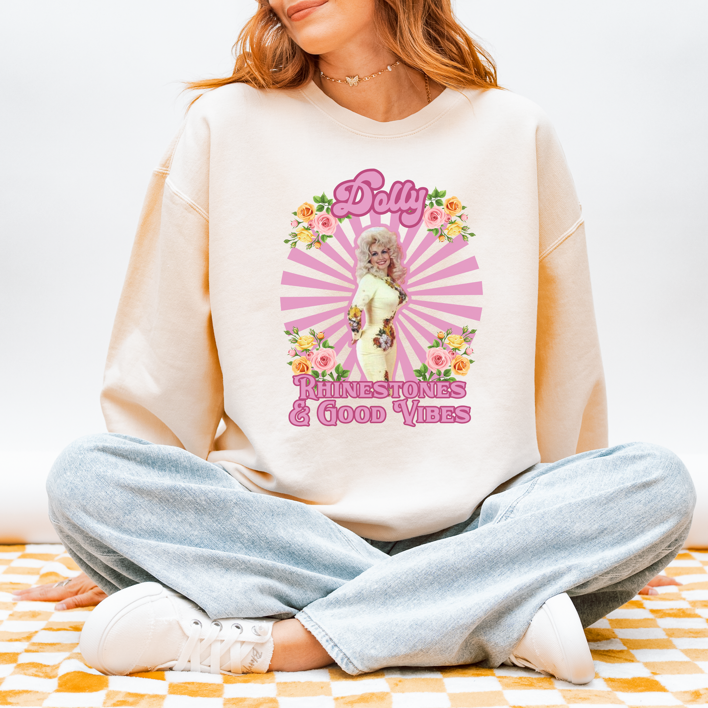 Dolly Rhinestones & Good Vibes Cozy Sweatshirt