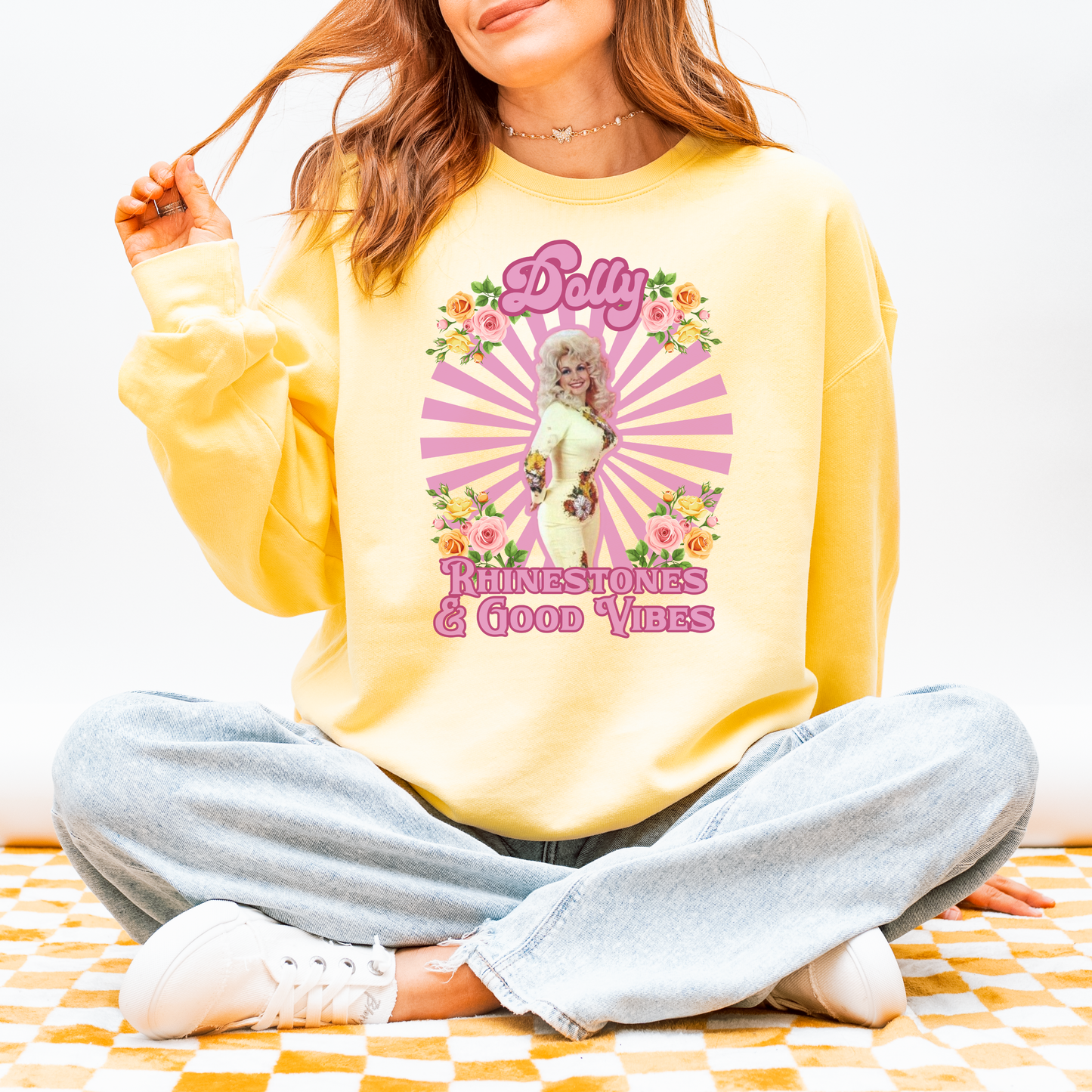 Dolly Rhinestones & Good Vibes Cozy Sweatshirt