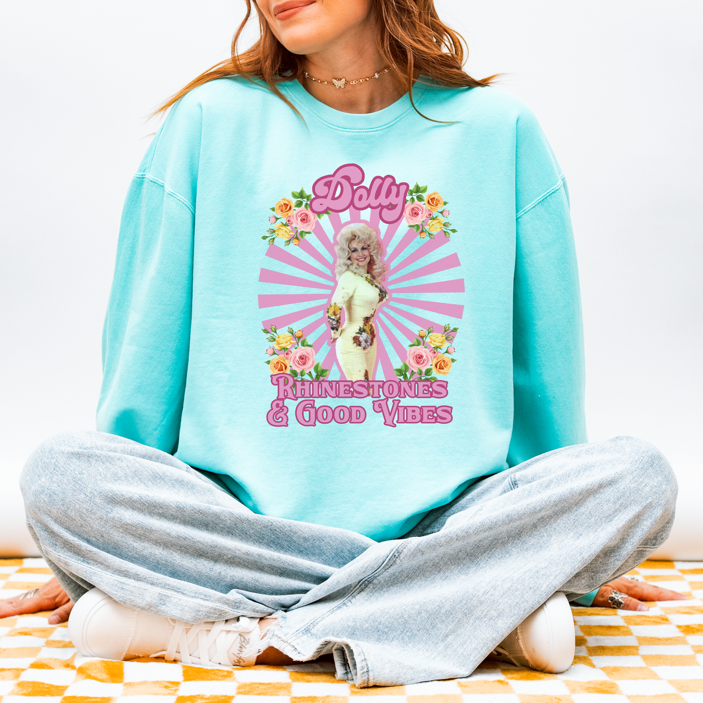 Dolly Rhinestones & Good Vibes Cozy Sweatshirt